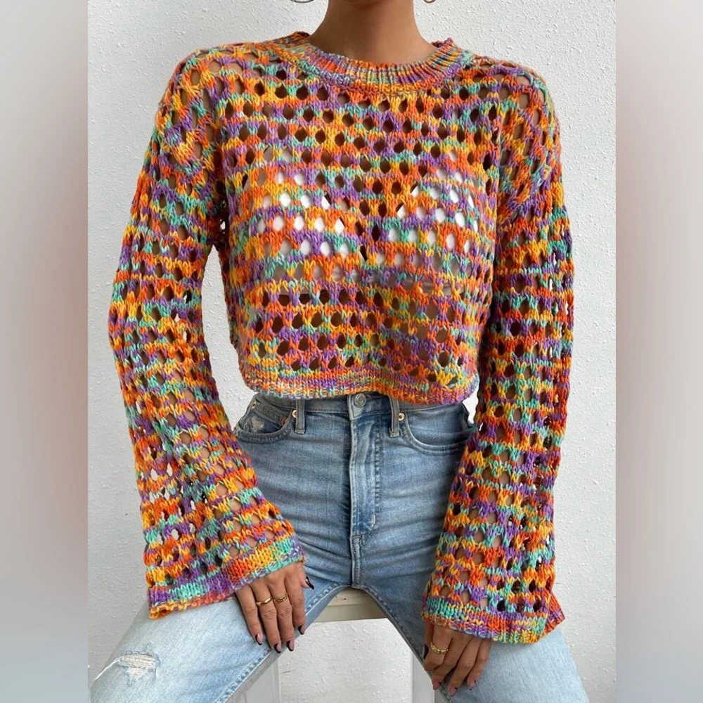 NIB Knit Bell Sleeve Cropped Sweater Multi Color Size M
